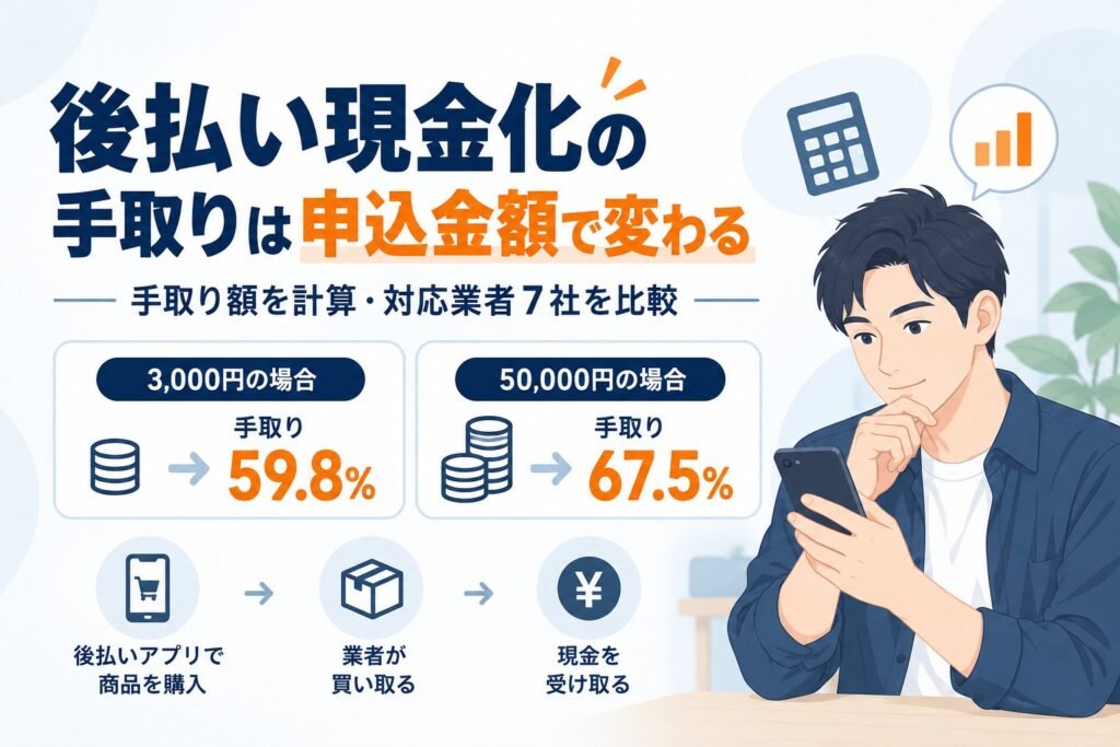後払い現金化の手取りは申込金額で変わる。3,000円なら59.8%、5万円なら67.5%